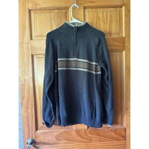 Columbia Sportswear Men's Size Large 1/4 Zip Sweater Tan Blue Stripe Knit